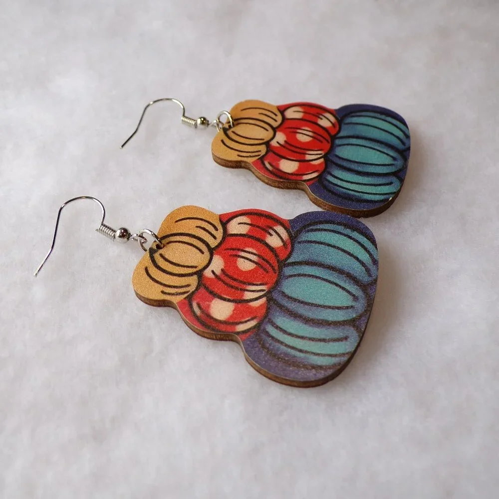 Fall Pumpkin Earrings Multicolor Wood Dangle Festive
